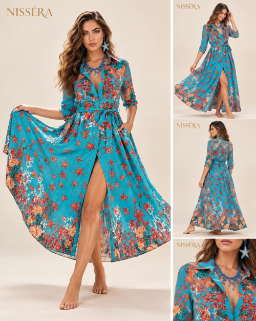 NISSÉRA - Abito Aperto Avanti Ocean Breeze Starfish Print Maxi Dress