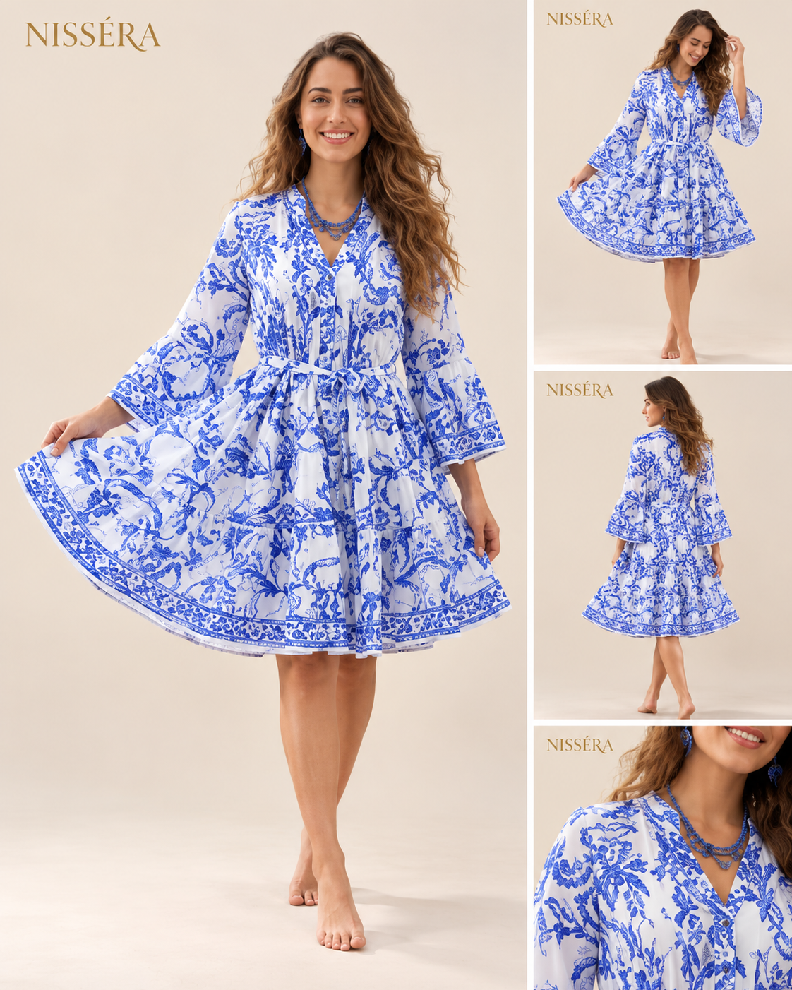 Blue Toile Dress by NISSÉRA Nissera - Abito Corto con Collo Coreana