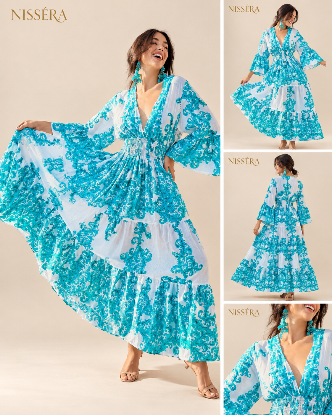 NISSÉRA Turquoise Boho Dress Editorial Nissera - Abito lungo con scollo a V